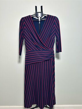 Lauren Ralph Lauren Navy Pink Stripe Faux Wrap Midi Dress Size 8